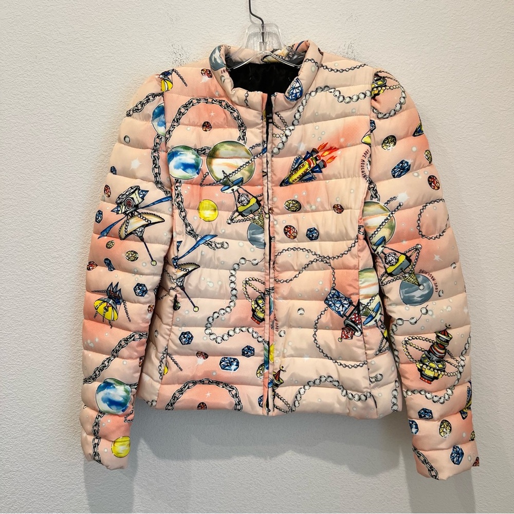 Love Moschino Womens Pink Jewels Rockets Planets Print Puffer Jacket Size S